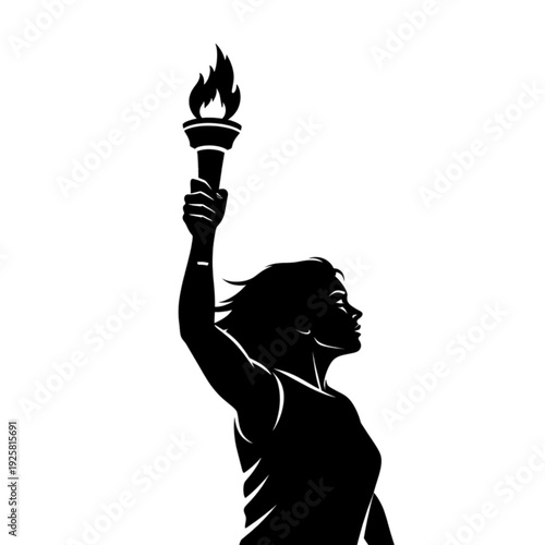 Woman holding torch in hand raised isolated on transparent background.