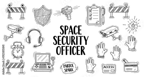 Space security officer concept with hand-drawn icons for surveillance and safety