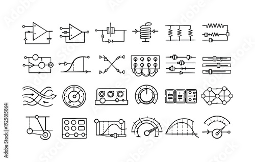 Line vector icons of continuous-time computing systems: op-amp integrators, analog adders, adjustable capacitors, variable