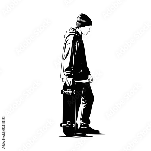 Young man holding skateboard in profile isolated on transparent background.
