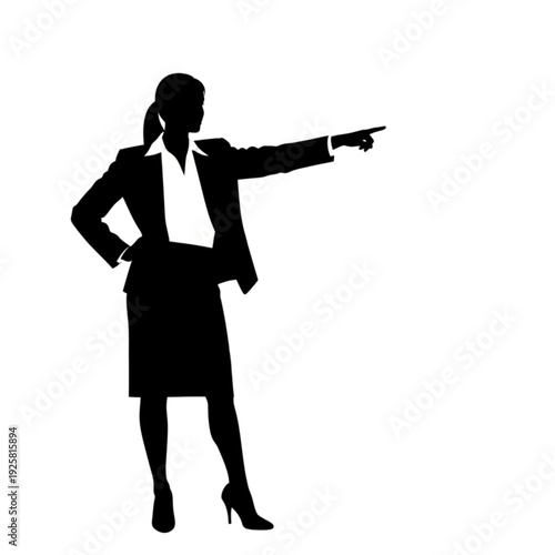 Silhouette of businesswoman pointing sideways isolated on transparent background.