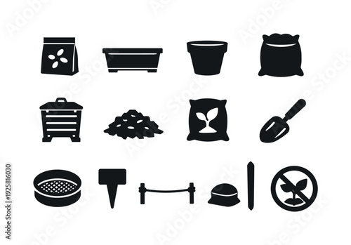 Solid vector icons of planting tools set: seedpacket, planter, pot, soilbag, compostbin, mulch, fertilizer, scoop, sieve, marker,