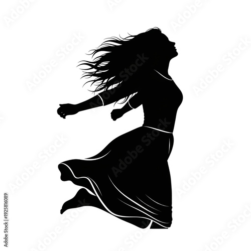 Silhouette of woman jumping freely outdoors isolated on transparent background.