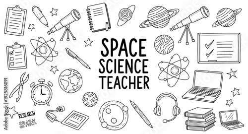 Space science teacher doodle elements for education and learning about the cosmos