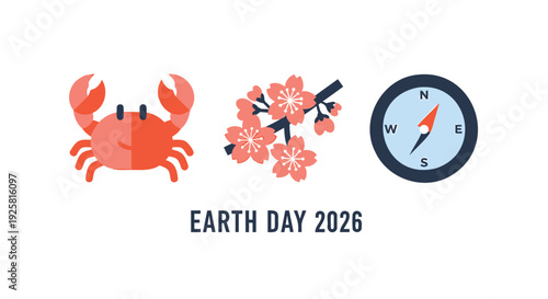 Earth Day 2026 icon set. Includes crab, cherry blossom, compass. Created in flat style with colorful palette.