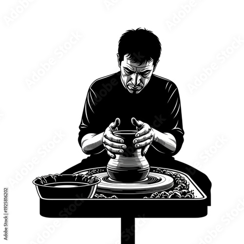 Man working on pottery wheel craft isolated on transparent background.