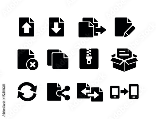 Solid vector icons of file operations: upload, download, copy, move, rename, delete, duplicate, compress, extract, sync, share,