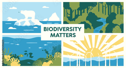 Biodiversity and environment icon collection. Includes ecology, conservation, nature, wildlife, and sustainability symbols. Created in colorful flat style with green and blue palette