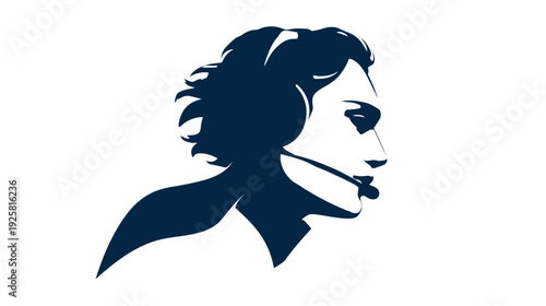 Silhouetted profile in dark blue against white background, showing face, hair, and neck