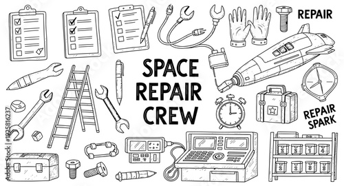 Space repair crew illustration with tools, equipment, and a spaceship in a doodle style