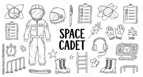 Space cadet equipment and symbols for aspiring astronauts and space exploration