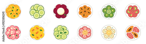 Ten flat design stylized food plates display various colorful sliced fruits, vegetables, and ingredients arranged neatly in a vibrant, healthy collection