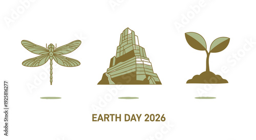 Earth Day 2026 icon set, eco-friendly symbols. Includes dragonfly, pyramid, seedling. Created in minimalist style with green and brown palette.