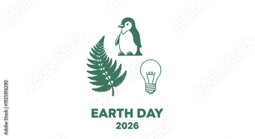 Earth Day 2026 icon set, eco-friendly symbols. Includes penguin, fern leaf, light bulb. Created in green vector style.