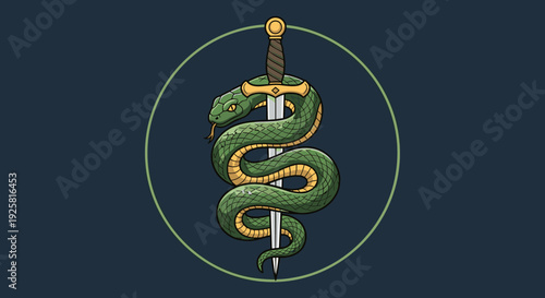 Green cartoon snake with yellow scales coiled around a medieval sword with a golden hilt, creating a powerful mythological emblem or fantasy tattoo design within a circle