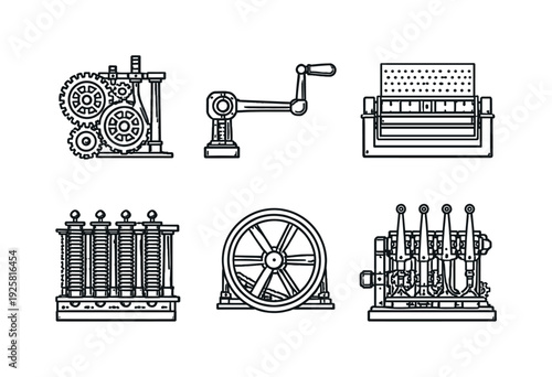 Line style vector icons of Babbage computing machine: mechanical-gear assembly, crank-handle icon, punched-card reader slot,