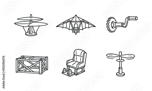 Line style vector icons of Renaissance flight inventions: flying-rotor outline, delta-wing glider motif, crank-handle lever, wood