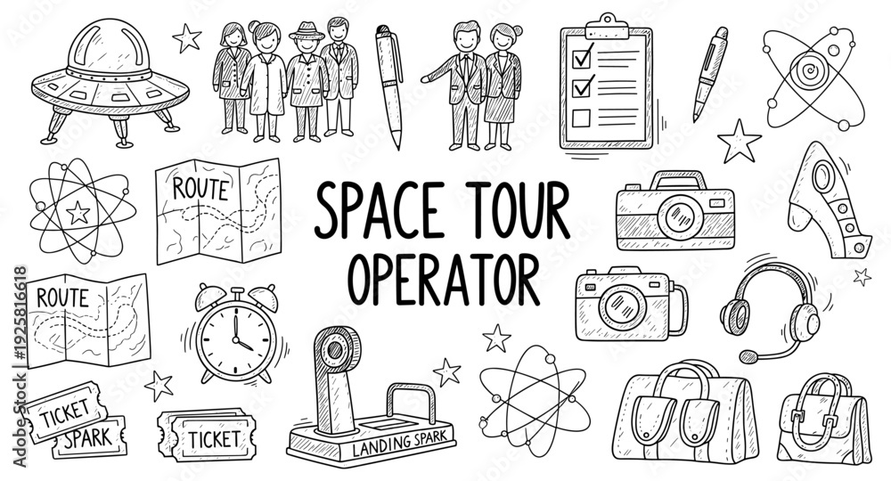 Fototapeta premium Doodle collection for space tour operator business with UFO, people, and travel items