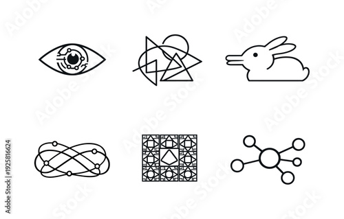 Line style vector icons of digital visual hallucination: AI-eye icon, abstract-geometry motif, misidentified-object outline,