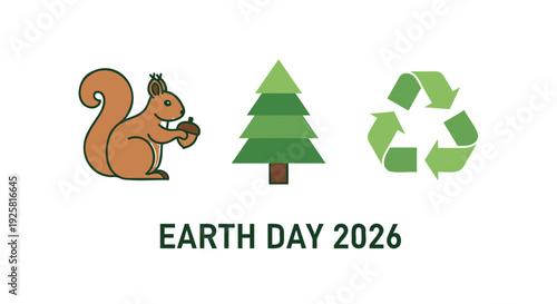 Earth Day icon set, includes squirrel, tree, recycling symbols. Created in flat style with green and orange colors.