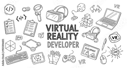 Virtual Reality Developer Tools and Concepts Hand-Drawn Doodle Collection