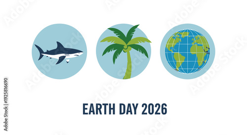 Earth Day icon set, 3 icons. Includes shark, palm tree, and globe symbols. Created in flat style with blue and green palette