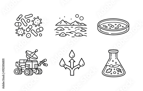 Line style vector icons of terraforming with extremophiles: microbe-colony outline, Mars-soil motif, petri-dish icon,
