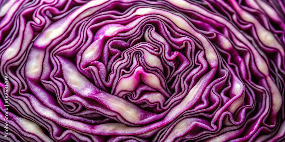 Obraz premium A close-up of purple cabbage highlights the intricate layers and folds of its leaves. The texture and pattern resemble a flower's petals. The scene is set on a kitchen counter