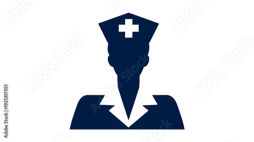 A silhouette of a medical professional wearing a cap with a cross and a lab coat
