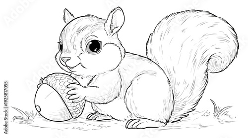 Charming squirrel holding acorn line art illustration for design and print