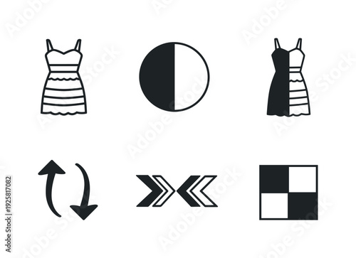 Line style vector icons of ambiguous dress colors: dress-outline icon, color-duality motif, blue-black symbol, white-gold symbol,