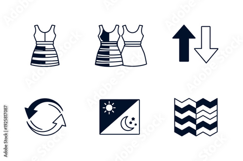 Line style vector icons of ambiguous visual dress: dress-outline motif, blue-black icon, white-gold motif, perception-toggle