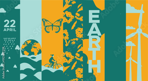 Earth Day icon collection. Includes eco-friendly symbols, wind turbines, recycling, and environmental icons. Created in colorful style with green and yellow palette.