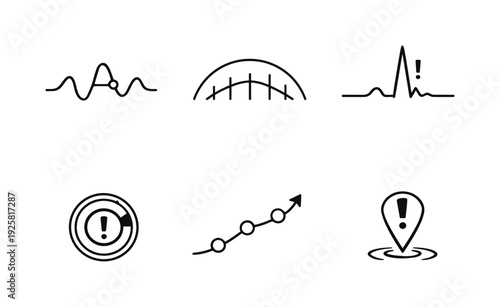 Line style icons of predictive health timeline: vital signs curve, monthly forecast arc, anomaly spike, risk indicator ring,