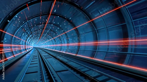 A futuristic tunnel with tracks and glowing red lines, giving a sense of speed and technology