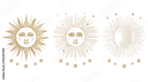 Watercolor celestial sun moon and stars illustration isolated on white background
