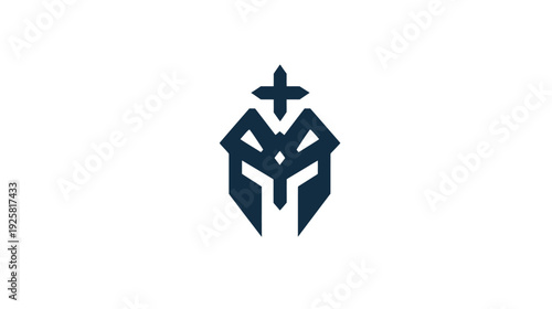 Stylized emblem features a helmet-like shape with geometric lines, topped with a cross on white background