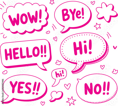 Pink Speech Bubbles with Various Greetings and Exclamations text words