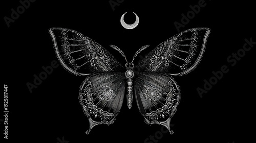 Elegant black and white butterfly design with crescent moon element