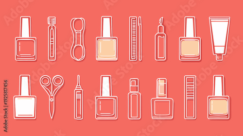 Cosmetics and manicure tools vector illustrations on coral background