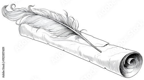 Ink drawing of a quill pen resting on an ancient scroll illustration