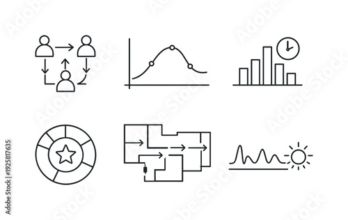 Museum Analytics Icons. Line vector icons of a responsive data-based hologram partner: projection pads, holo-outline arcs, dialog