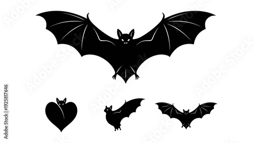 Collection of various bat silhouettes, featuring a large flying bat icon, a unique heart-shaped bat, and smaller designs, ideal for Halloween graphics, animal themes, or spooky projects
