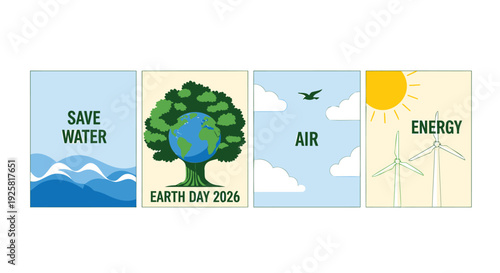 Environmental icons set, Earth Day symbols. Includes save water, air, energy, earth day 2026. Created in flat style with colorful palette.