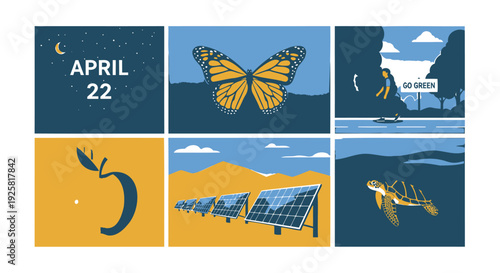 Earth day icon collection. Includes eco friendly symbols, solar panel, butterfly, recycling. Created in flat style with blue and yellow palette