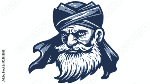 A stylized illustration features a stern-faced, bearded man wearing a turban-like head covering