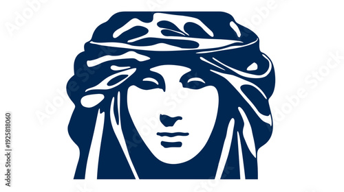 Silhouetted female head with ornate details and a headband, depicted in shades of blue