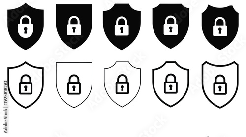 Security shield icon set, vector collection of shield symbols representing protection, safety, privacy, and cybersecurity for apps, websites, and user interface design.