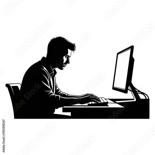 Man sitting at computer desk working isolated on transparent background.