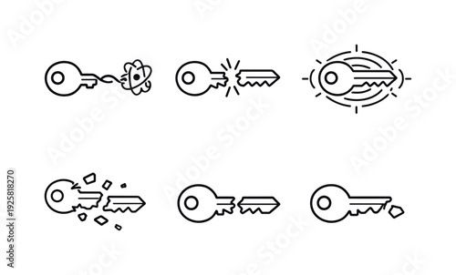 Quantum Key Fracture. Line vector icons of a quantum key breaking upon any interception attempt (collapse-on-readout): key shape,